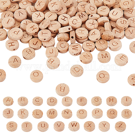 OLYCRAFT 104 Pcs 10mm Alphabet Wooden Beads Round Flat Alphabet Beads Natural Beech Flat Wooden Beads with 1.6mm Hole Wooden Loose Beads with Initial Letter for Jewelry Making and DIY Crafts - 4Sets WOOD-OC0002-68-1