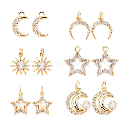 SUPERFINDINGS 12Pcs 6 Styles Brass Cubic Zirconia Sun Moon and Star Charms Rhinestone Starry Dangle Charms Crystal Celestial Charm Pendants for DIY Jewelry Making ZIRC-FH0001-36-1