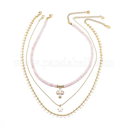 3pcs 3 style colliers pendentif croix et étoile en quartz rose naturel sertis de chaînes en laiton NJEW-JN04032-1