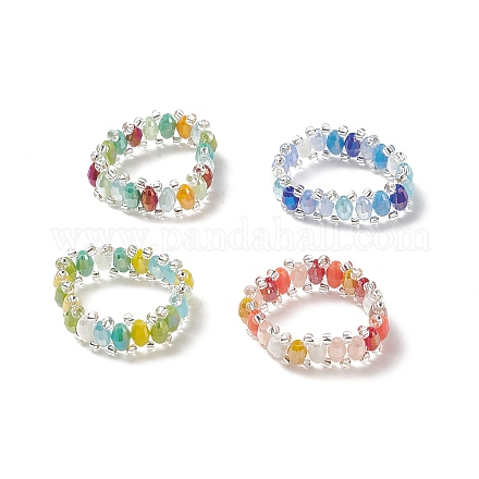 4шт 4 цветных стеклянных и латунных плетеных кольца для пальцев RJEW-TA00064-1