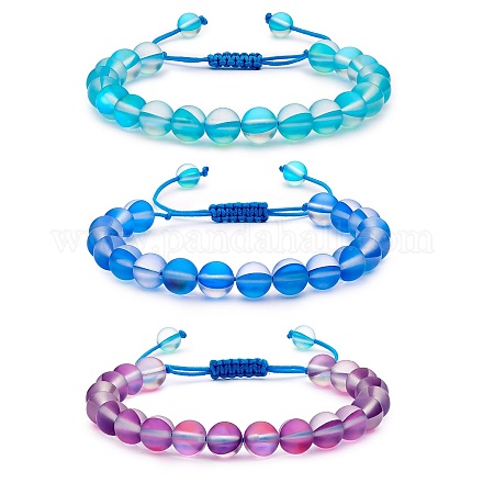 3Pcs Round Synthetic Moonstone Braided Bead Bracelets BJEW-SW00061-02-1