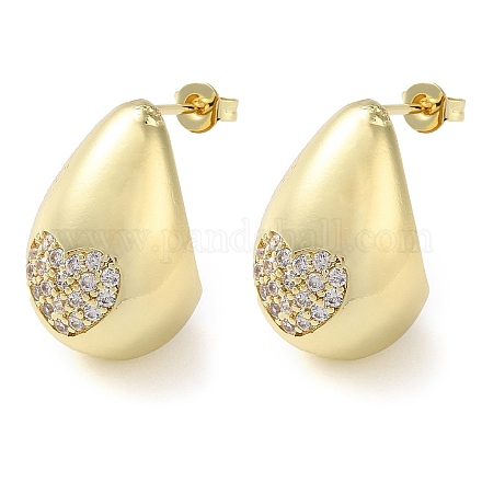 Teardrop with Heart Brass Micro Pave Clear Cubic Zirconia Stud Earrings EJEW-A034-02G-1