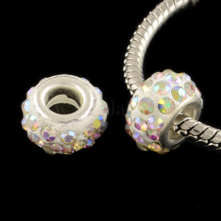 Polymer Clay Rhinestone European Large Hole Beads with Silver Color Plated Brass Cores FPDL-R002-15-1