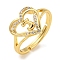 Heart with Letter Rack Plating Brass Micro Pave Clear Cubic Zirconia Adjustable Rings for Women, Lead Free & Cadmium Free, Real 18K Gold Plated, Letter J, Inner Diameter: 16mm