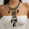 Bohemian Style Alloy Jet Rhinestone and Dyed Feather & Polyester Cloth Owl Statement Bib Necklaces for Women, Antique Bronze, Black, 18.70 inch(47.5cm)
