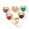 Brass Enamel Cuff Rings, Open Rings, Heart, Golden, Mixed Color, US Size 2, Inner Diameter: 13.5mm