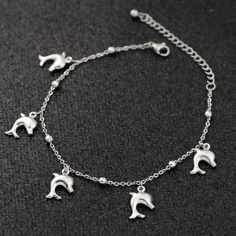Bohemia Style Ocean Theme 304 Stainless Steel Anklets, Stainless Steel Color, Dolphin, 7-7/8 inch(200mm)