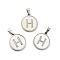 304 Stainless Steel with White Shell Pendants, Stainless Steel Color, Flat Round with Letter Charm, Letter.H, 18x16x1.5mm, Hole: 3x6mm