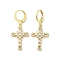 Cross Real 18K Gold Plated Brass Dangle Leverback Earrings, with Cubic Zirconia and Glass, Clear, 39x17.5mm