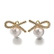 Brass Micro Pave Cubic Zirconia Pendants, with ABS Imitation Pearl, Awareness Ribbon, Real 18K Gold Plated, 14x18.5x9.5mm, Hole: 1.2mm