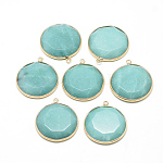 Natural White Jade Pendants, with Brass Findings, Faceted, Dyed, Flat Round, Golden, Medium Turquoise, 35.5x31.5x6~7mm, Hole: 2mm