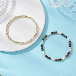 2 bracciale elastico con perle di occhio di tigre naturale&nbsp;BJEW-JB12938-03