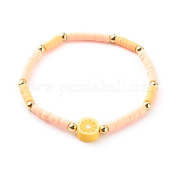 Handgefertigte Stretch-Armbänder aus Polymer Clay Heishi Perlen, Mit Messing Runde Perlen, orange, golden, golden, Innendurchmesser: 2-1/8 Zoll (5.5 cm)