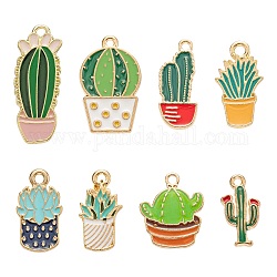 16pcs 8 pendentifs en émail en alliage de style, cactus et plantes, or clair, couleur mixte, 19~25x10~16x1.5~2.5mm, Trou: 1.5~2mm, 2 pièces / style
