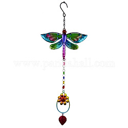 Rainbow Color Pendant Decorations, Glass Suncatcher, with Iron Findings, Dragonfly Pattern, 520x185mm