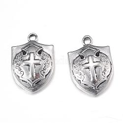 Pendente in lega stile tibetano, scudo con croce,  cadmio& piombo libero, argento antico, 21x14x4mm, Foro: 2 mm, circa 710pcs/1000g