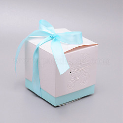 Quadratische Bonbonboxen aus Papier, mit Polyesterband und Kinderwagenmuster, für Babyparty-Geschenkbox, Zyan, 8.5x8.5x8.6 cm