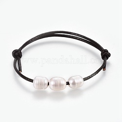Pulseras cordón de cuero de piel de vaca ajustable, de abalorios de perlas naturales, blanco, 2 pulgada ~ 3-1/8 pulgadas (5~8 cm) (ajustable)