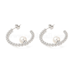 Boucles d'oreilles à tige en perles d'imitation ABS, boucles d'oreilles demi-créoles en laiton pour femmes, platine, 26.5x27x8mm, pin: 0.8 mm