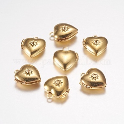 Messing-Medaillon-Anhänger, Fotorahmen Anhänger / charms für Halsketten, Herz, golden, 12x10.5x4 mm, Bohrung: 1 mm