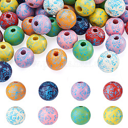 Fashewelry 80pcs 8 couleurs perles de bois naturel imprimées, rond avec motif de fleurs bleues, couleur mixte, 15~16mm, Trou: 3.6~4.2mm, 10 pcs / couleur