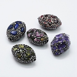 Perles de strass en argile polymère, avec des perles de puces de pierres précieuses naturelles, ovale, 25.5~27.5x18~20x10.5~12mm, Trou: 1mm