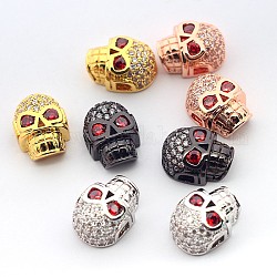 Fashionable Brass Micro Pave Cubic Zirconia Skull Hollow Beads, Cadmium Free & Nickel Free & Lead Free, Mixed Color, 13x10x7mm, Hole: 2mm