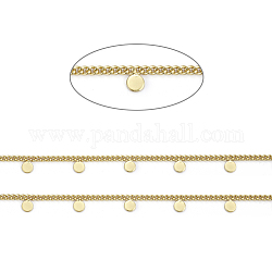 Handmade Brass Curb Chains, with Flat Round Charms and Spool, Soldered, Long-Lasting Plated, Real 18K Gold Plated, Link: 2x2x1mm, Flat Round: 4x3x0.5mm, about 32.8 Feet(10m)/roll