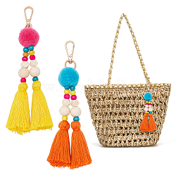 Fluffy Pompom Ball Bag Hanging Ornament, Wood Beaded Pendant Decoration, with Polyester Tassel & Alloy Swivel Clasp, Mixed Color, 185mm, 2pcs/set