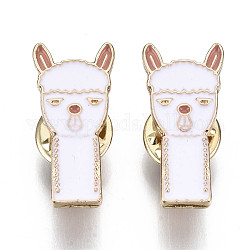 Alloy Brooches, Enamel Pin, with Brass Butterfly Clutches, Llama/Alpaca, Light Gold, White, 25x12x2mm, Pin: 1mm