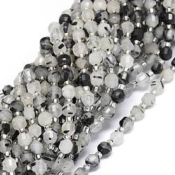 Naturale nero rutilato perle di quarzo fili, con perline semi, sfaccettato, bicono, perline prisma a doppia punta terminata, 5~7x6mm, Foro: 0.8 mm, circa 48pcs/filo, 15.55 pollice (39.5 cm)