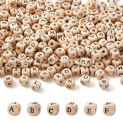 Kissitty ddPrinted Natural Wood Beads, Cube with Initial Letter, PapayaWhip, Cube, 10x10x10mm, Hole: 3.5mm, 26 letters, 20pcs/letter, 520pcs/bag
