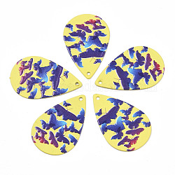 Spray lackierte Eisen Anhänger, gummierten Stil, 3d gedruckt, Muster mit Schmetterlingsdruck, Träne, Gelb, 27.5x18x0.7 mm, Bohrung: 1.2 mm