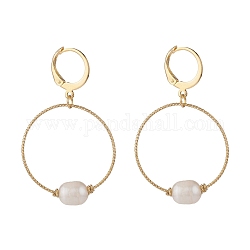 Large Hole Pearl Beads Hoop Earring, with Eco-Friendly Copper Wire, Golden, Seashell Color, 44.5mm, Pin: 0.85mm