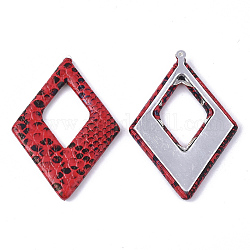 Grandi pendenti in similpelle, con bottone alluminio, rombo, platino, rosso, 54x37.5x4mm, Foro: 1.2 mm
