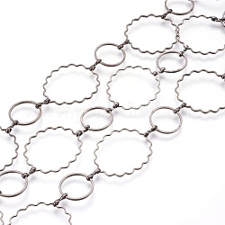 Brass Handmade Chains, Unwelded, Flower and Ring, Gunmetal, 14~25x1mm, 3 shape clasp: 1.2x7.5x3mm