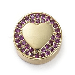 Abalorios de latón con pavé de circonitas, plano y redondo con corazón, púrpura, dorado, 12x5mm, agujero: 2 mm