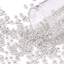 8/0 perles de rocaille en verre, style de couleurs métalliques, ronde, couleur d'argent, 8/0, 3mm, Trou: 1mm, environ 1111 pcs/50 g