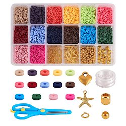 DIY Jewelry Kits, with Handmade Polymer Clay Heishi Beads, Alloy Pendants, Elastic Thread, Brass Spacer Beads & Ball Head Pins & Jump Rings, Scissors, Golden, 4x1mm, Hole: 1mm, about 3920~4200pcs/set