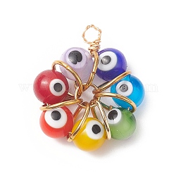 7 Chakra Handmade Evil Eye Lampwork Pendants, Copper Wire Wrapped Charms, Light Gold, 29.5x25x10mm, Hole: 2.8mm