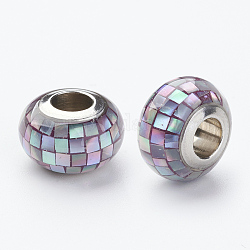 304 perline europee in resina in acciaio inossidabile, Con guscio e smalto, rondelle, perline con foro grande, lilla, 12x8mm, Foro: 5 mm