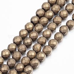 Electroplate Non-magnetic Synthetic Hematite Beads Strands, Faceted, Frosted, Round, Grade A, Light Gold Plated, 4mm, Hole: 1mm, about 100pcs/strand, 16 inch