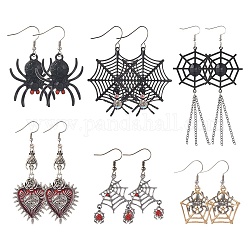 Sunnyclue 6 paires 6 styles halloween toile d'araignée et coeur avec mauvais œil alliage émail boucles d'oreilles pendantes pour femmes, couleur mixte, 44~115mm, pin: 0.8 mm, 1 paire/style
