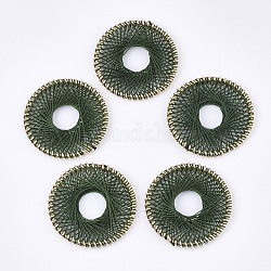 綿糸編みペンダント  鉄パーツ  フラットラウンド  ゴールドカラー  濃い緑  35x3mm  穴：11~13mm