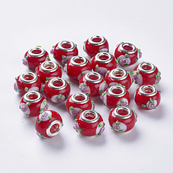 Perles européennes vernissées manuelles, Perles avec un grand trou   , avec couleur argent plaqué doubles noyaux de cuivre, Rondelle avec des fleurs, rouge, 14~15x14~15x11mm, Trou: 5mm