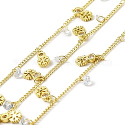 Handmade Eco-friendly Brass Curb Chain, with Snowflake and Clear Cubic Zirconia Charms, Long-Lasting Plated, Soldered, with Spool, Golden, 1.5mm