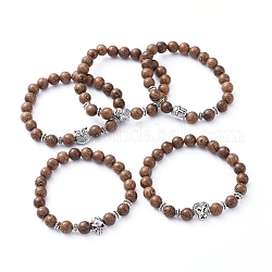 Stretch Bracelets, with Natural Wood Beads and Tibetan Style Alloy Beads, Mixed Shape, Coconut Brown, Inner Diameter: 2 inch(5.2cm)