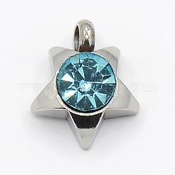 201 Stainless Steel Rhinestone Star Charm Pendants, Grade A, Faceted, Aquamarine, 9x8x3mm, Hole: 1mm
