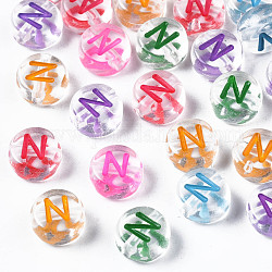 Perles acryliques transparentes transparentes, trou horizontal, plat rond avec lettre de couleurs mélangées, letter.n, 7x3.5mm, Trou: 1.2mm, environ 3700 pcs/500 g
