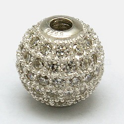 Runde 925 Sterling Silber Perlen, mit Mikro ebnen Zirkonia, Silber, 10 mm, Bohrung: 2 mm